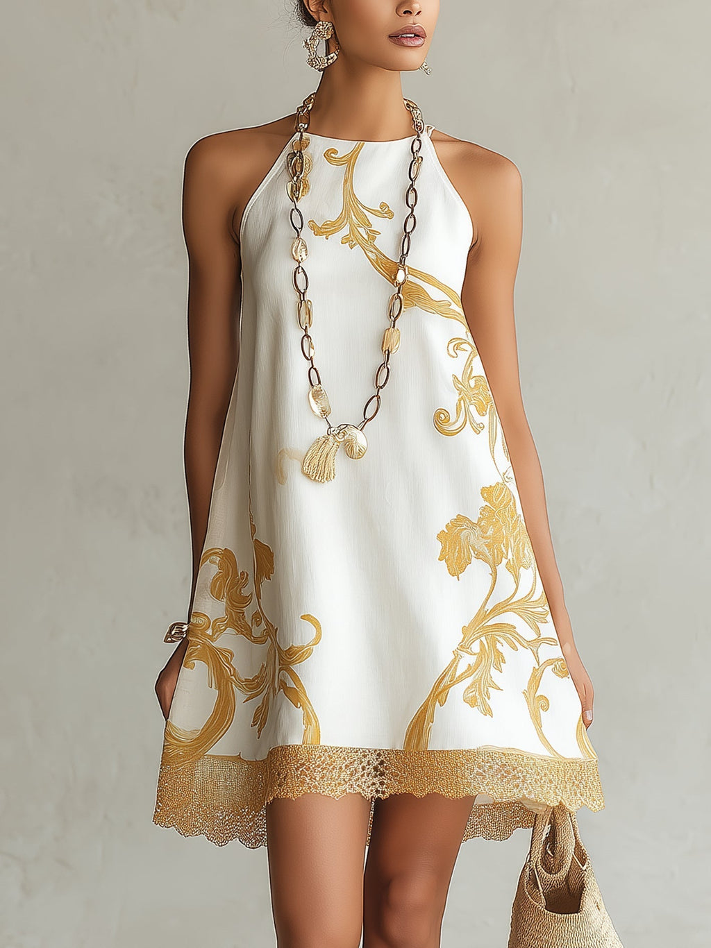Vestido Violeta Cortés con Encaje Blanco con Motivos Dorados