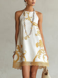 Vestido Violeta Cortés con Encaje Blanco con Motivos Dorados