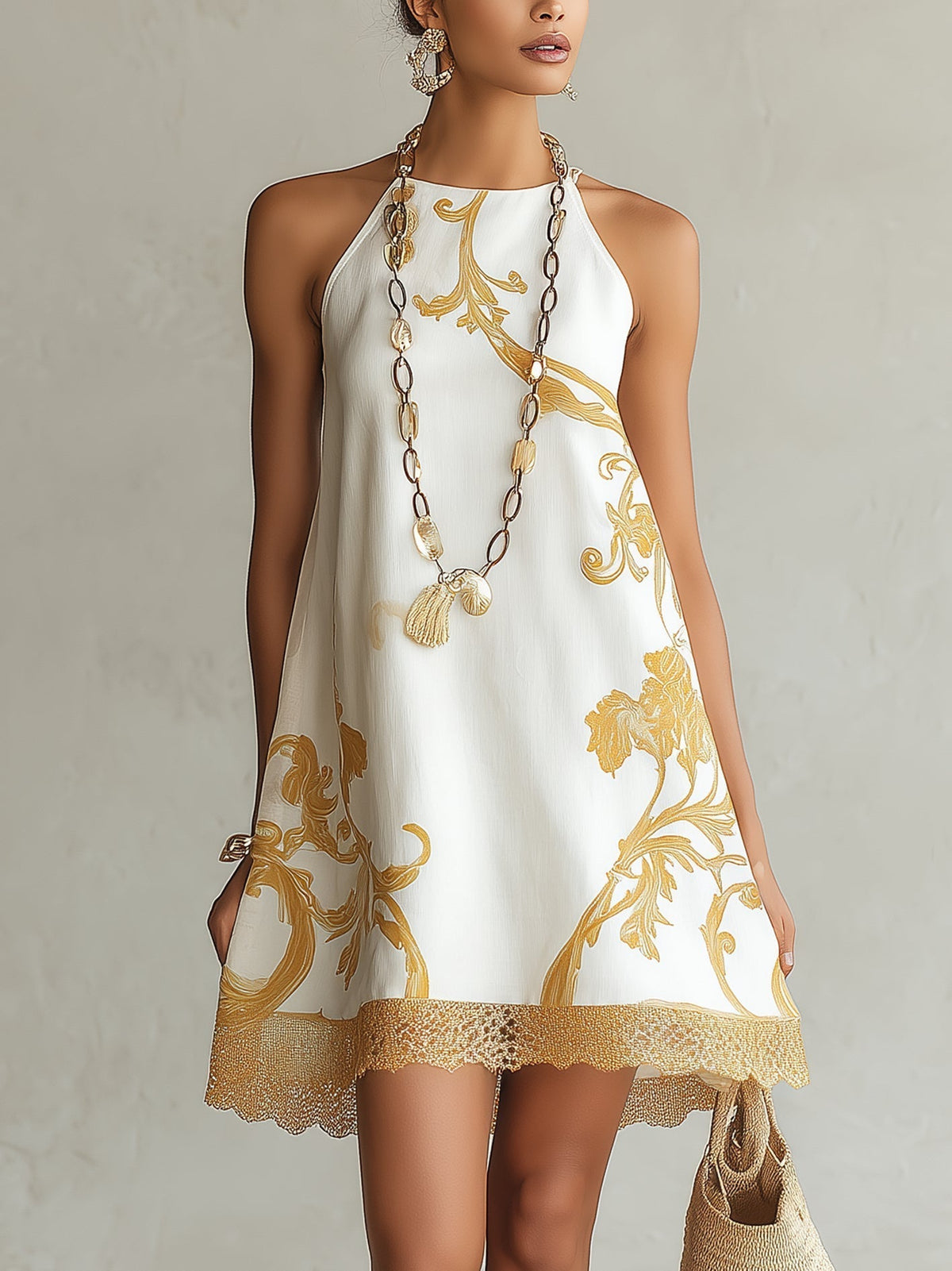 Vestido Violeta Cortés con Encaje Blanco con Motivos Dorados