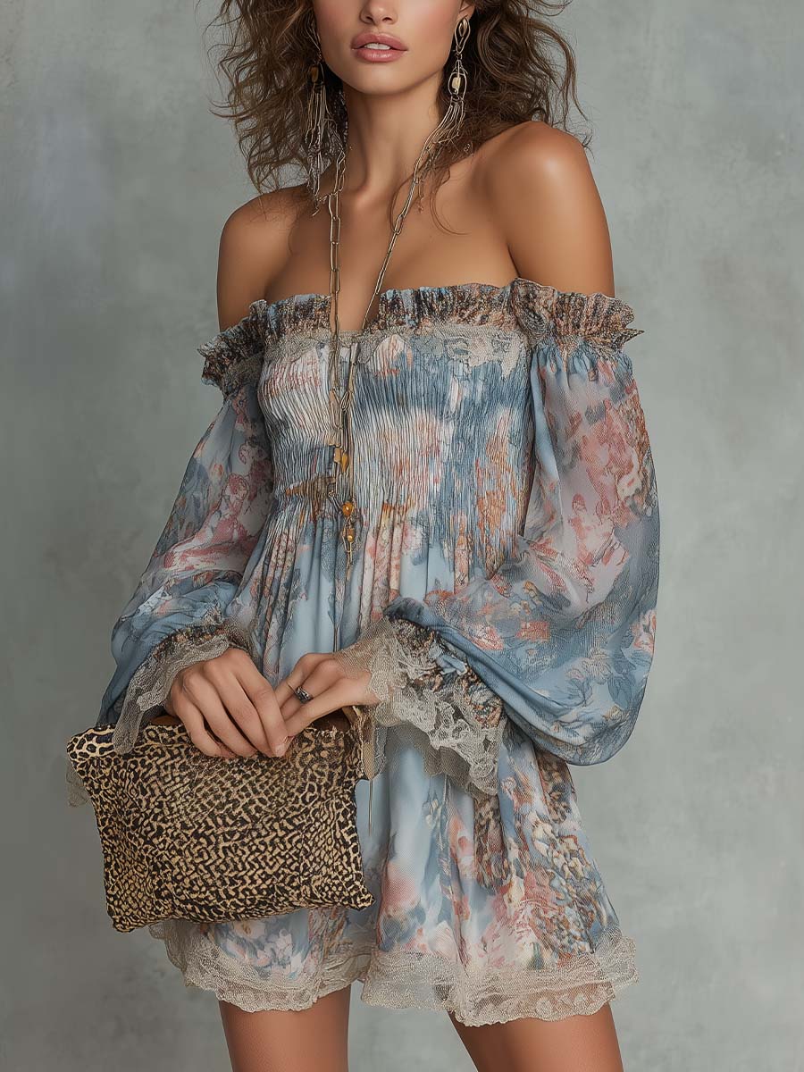 Vestido Violeta Cortés con Hombros Descubiertos y Flores Románticas