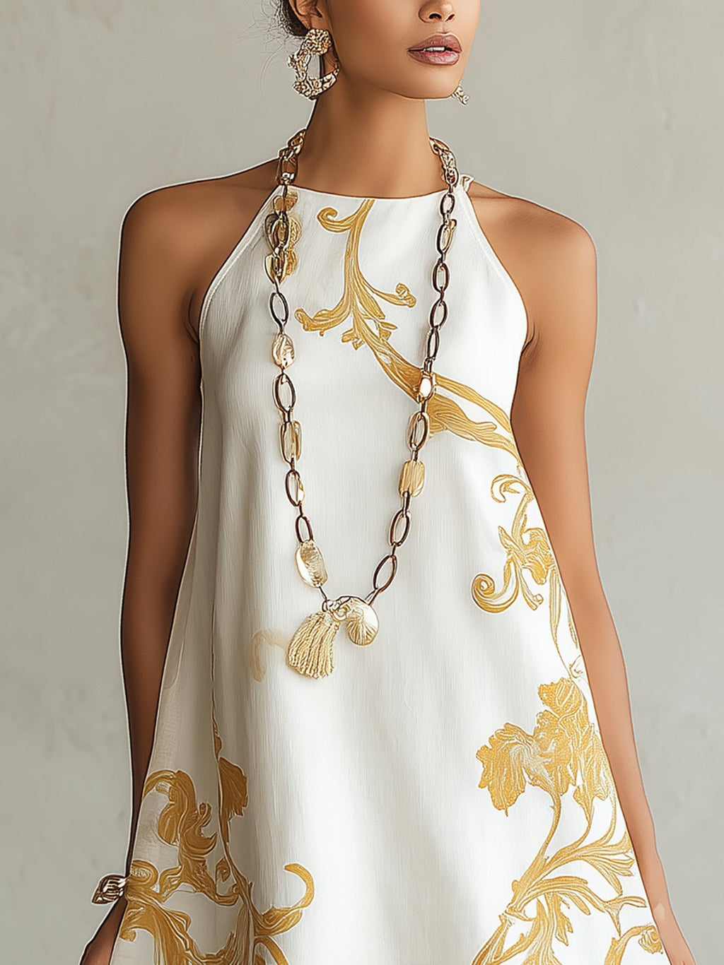 Vestido Violeta Cortés con Encaje Blanco con Motivos Dorados