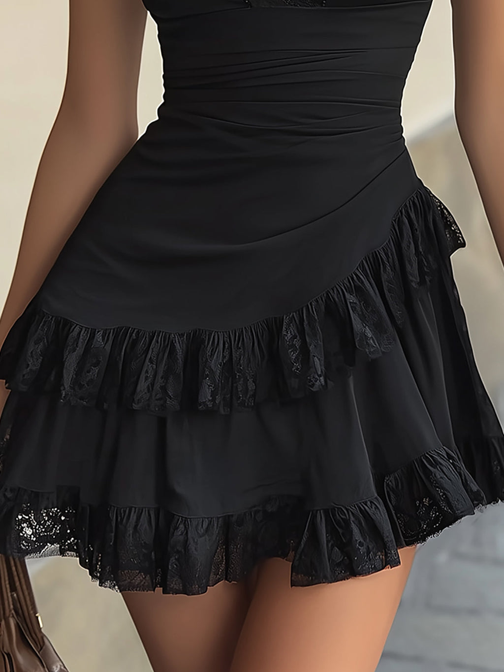 Vestido Violeta Cortés con Volantes en Encaje y Escote en V