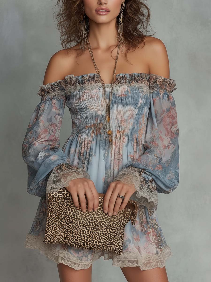 Vestido Violeta Cortés con Hombros Descubiertos y Flores Románticas