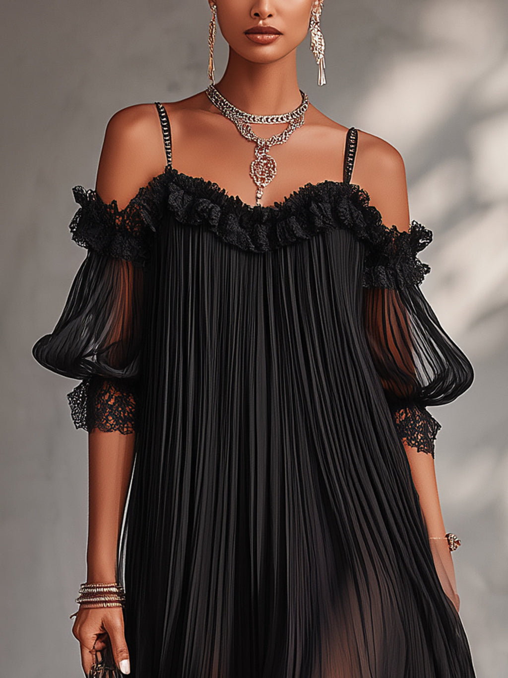 Vestido Violeta Cortés con Hombros Descubiertos y Ribete de Encaje