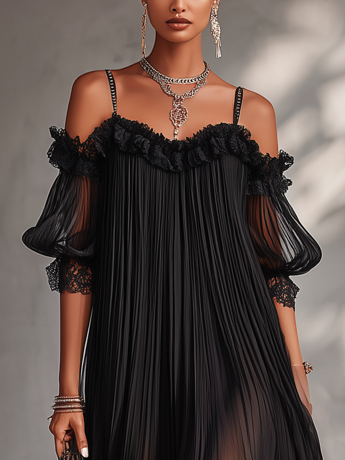 Vestido Violeta Cortés con Hombros Descubiertos y Ribete de Encaje
