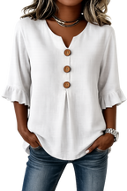Blusa Violeta Cortés con Botones de Madera y Volantes
