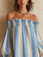 Vestido Violeta Cortés con Rayas y Hombros Descubiertos
