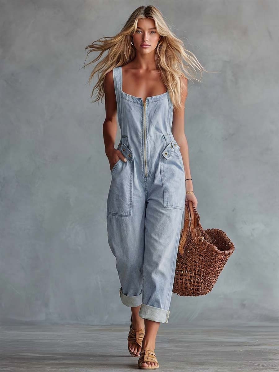 Maria | Mono Entero en Denim Amarillo Estilo Casual Retro
