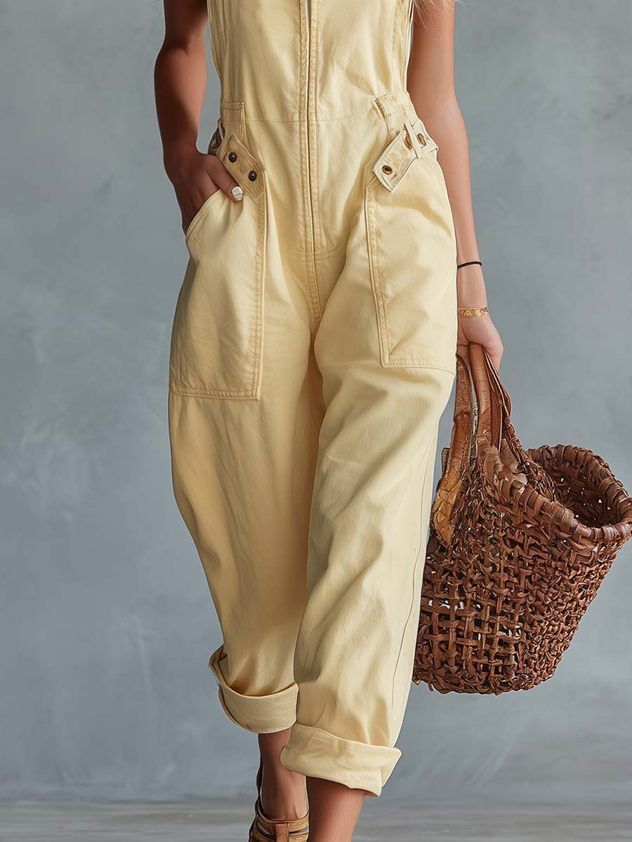 Maria | Mono Entero en Denim Amarillo Estilo Casual Retro