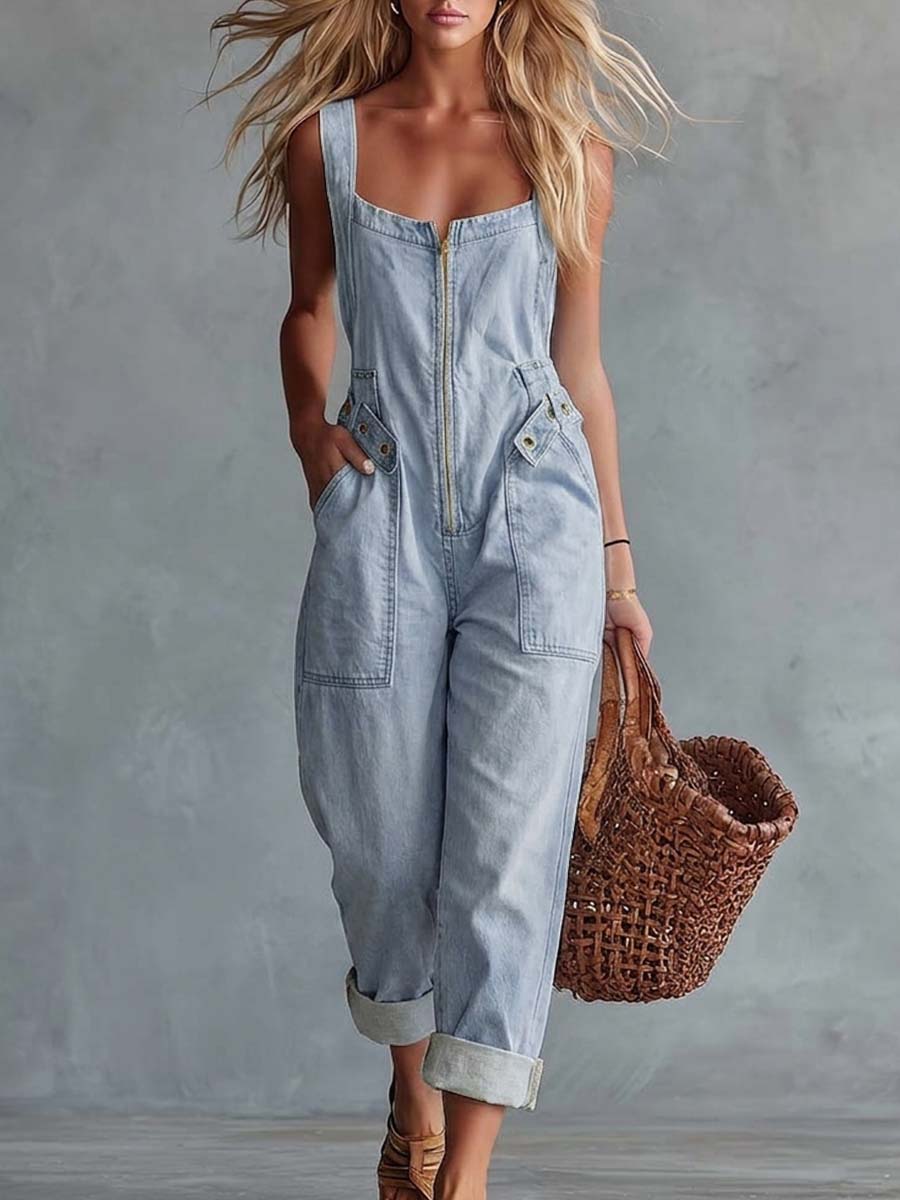 Maria | Mono Entero en Denim Amarillo Estilo Casual Retro