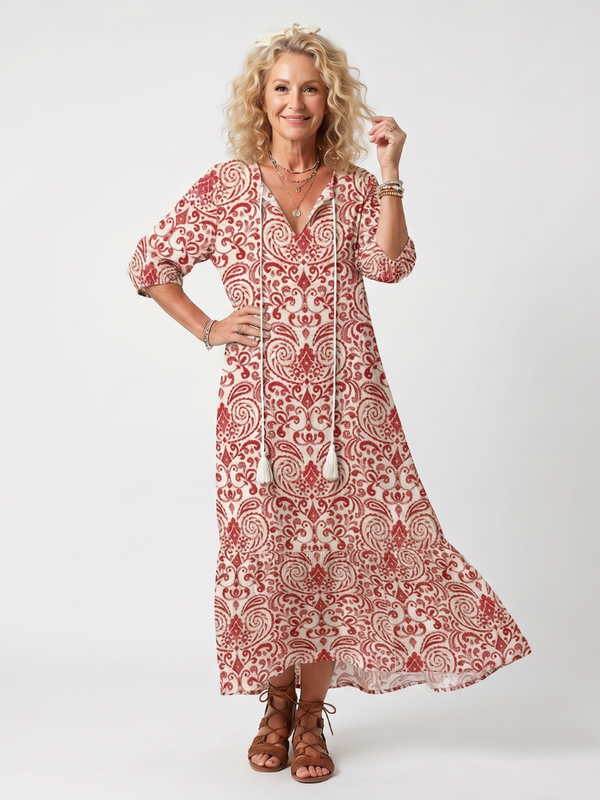 Vestido Violeta Cortés con Estampado Ornamental
