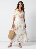 Vestido Violeta Cortés con Falda Escalonada Floral