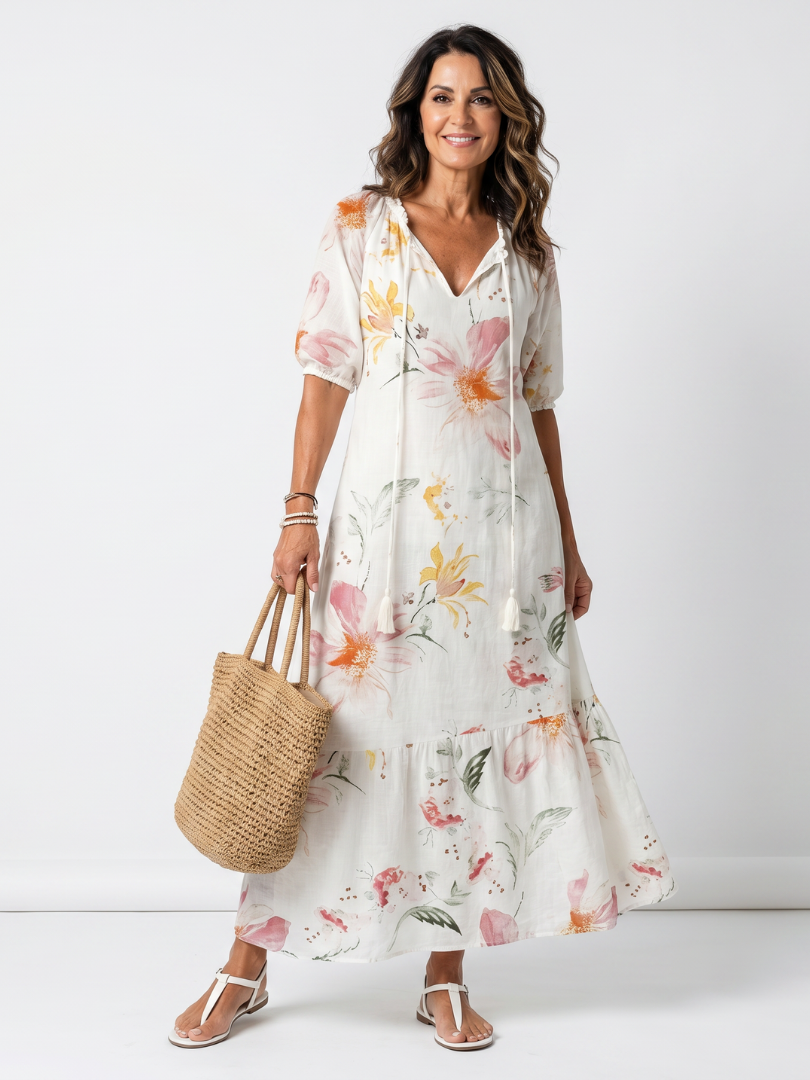 Vestido Violeta Cortés con Falda Escalonada Floral