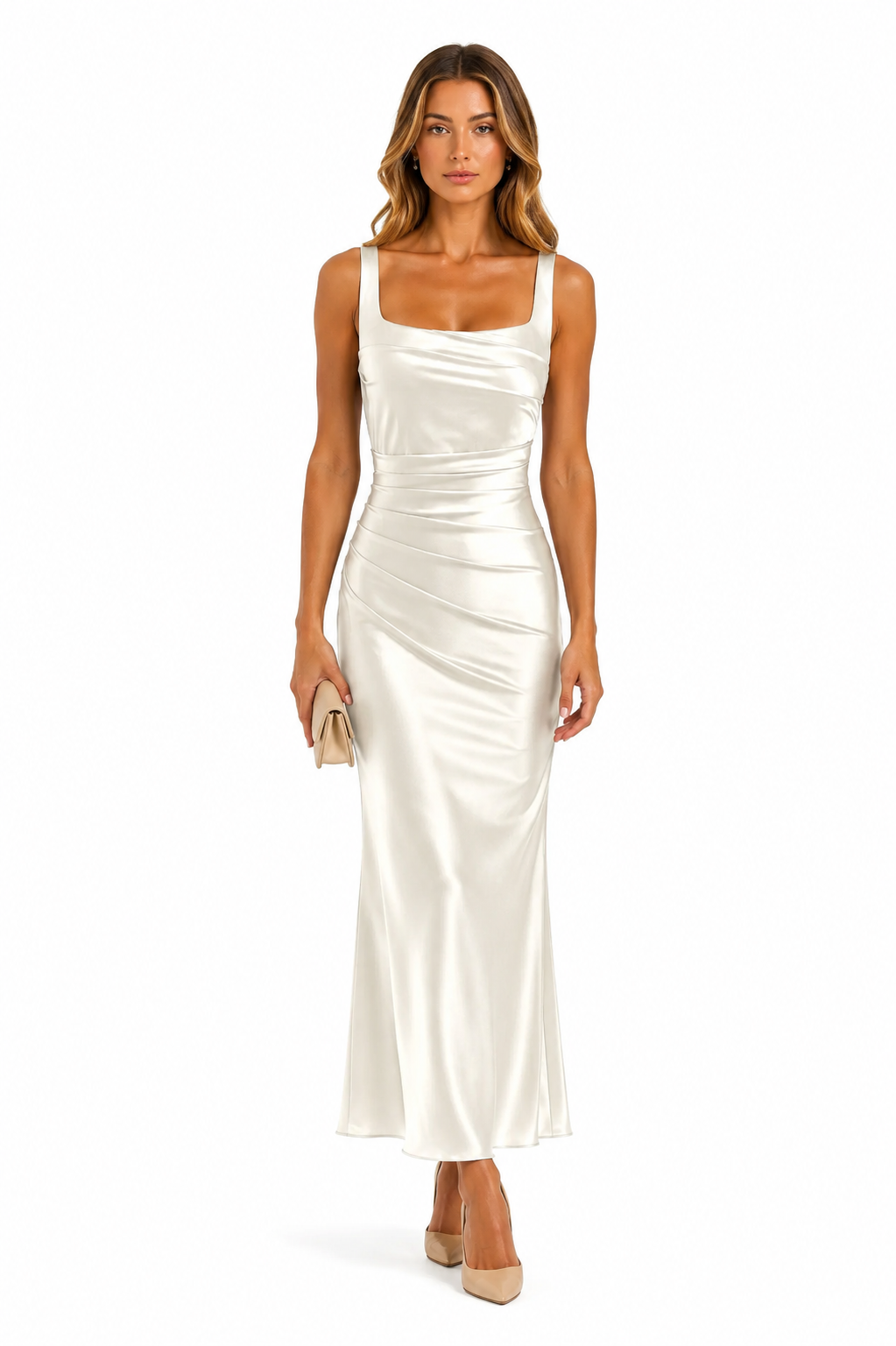 VESTIDO MAXI CON ESCOTE CUADRADO SATINADO