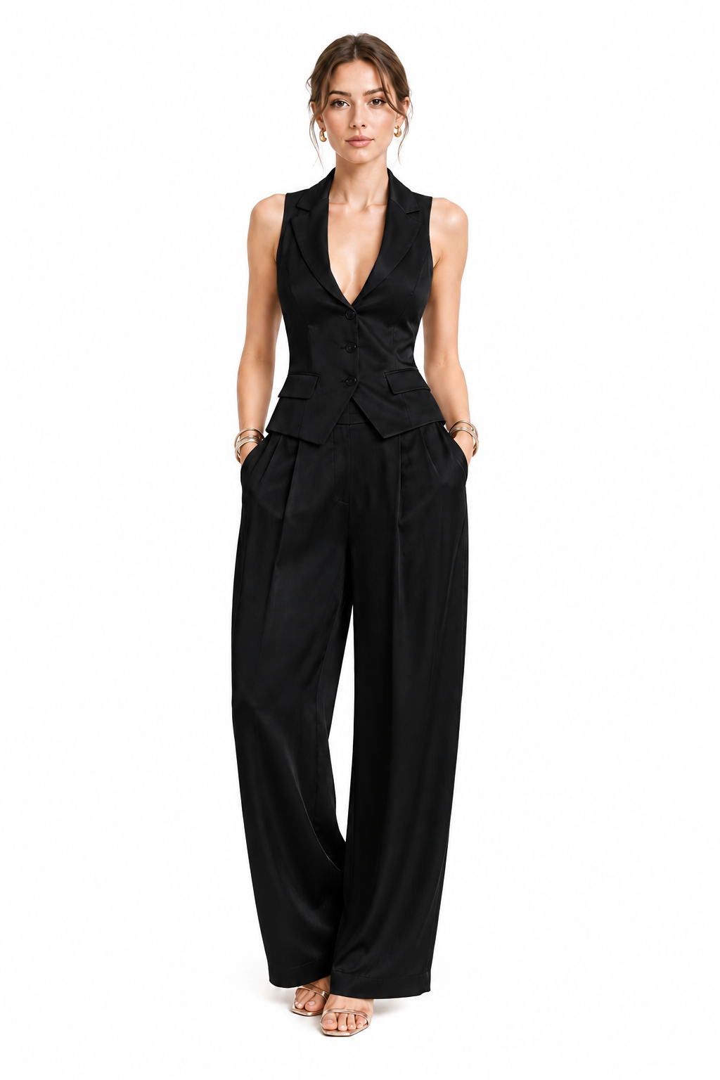 CONJUNTO DE DOS PIEZAS PARA MUJER CON CUELLO EN V Y BOTONES