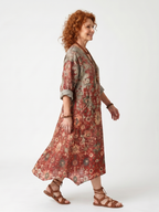 Vestido Violeta Cortés con Estampado Mixto y Bolsillos