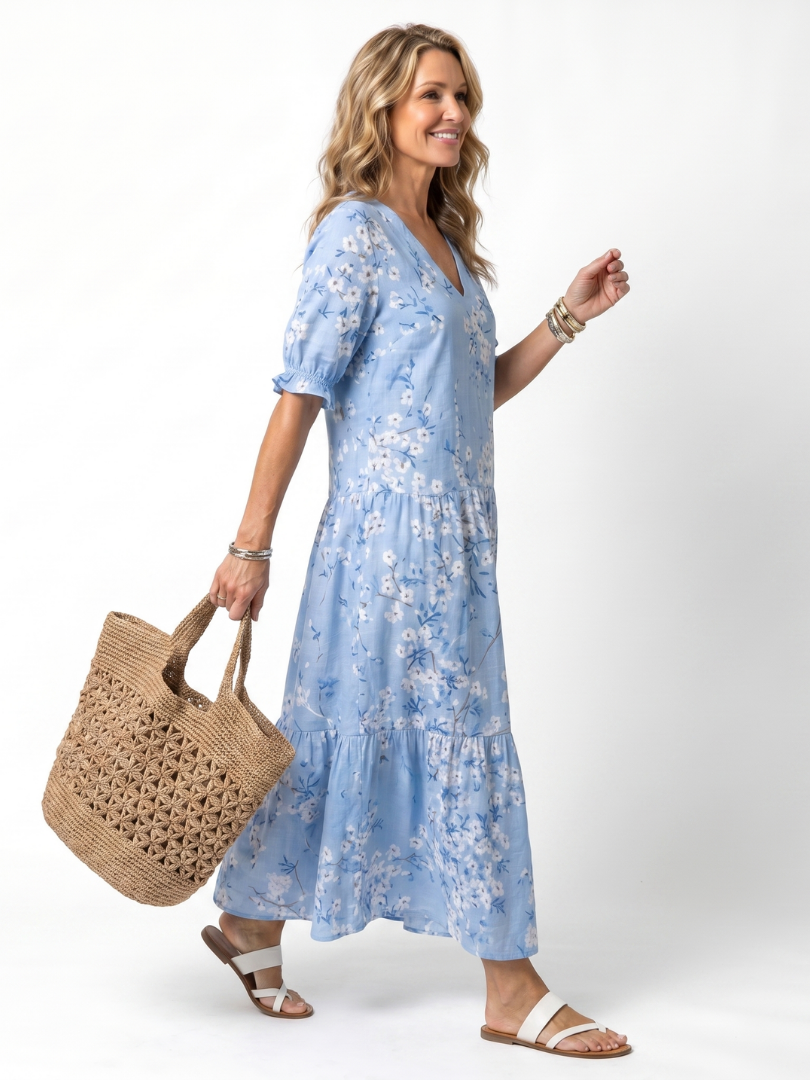 Vestido Violeta Cortés con Estampado Floral y Cordones