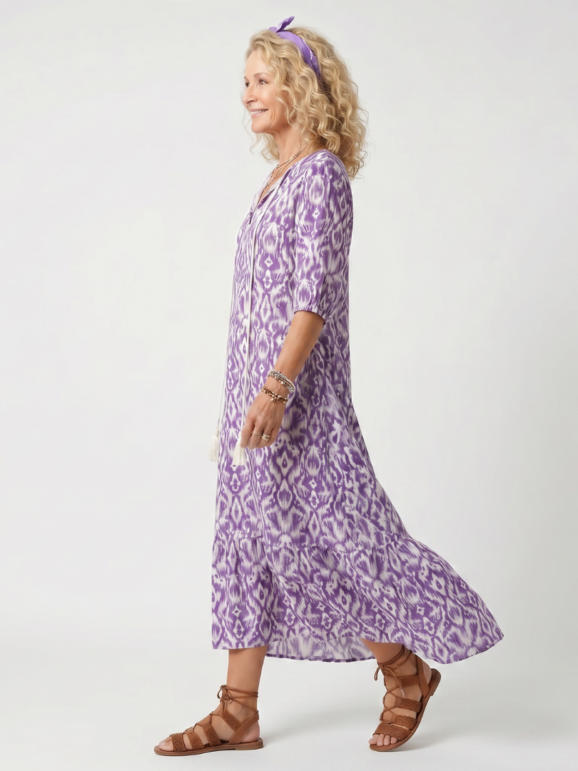 Vestido Violeta Cortés con Estampado Floral Repetido