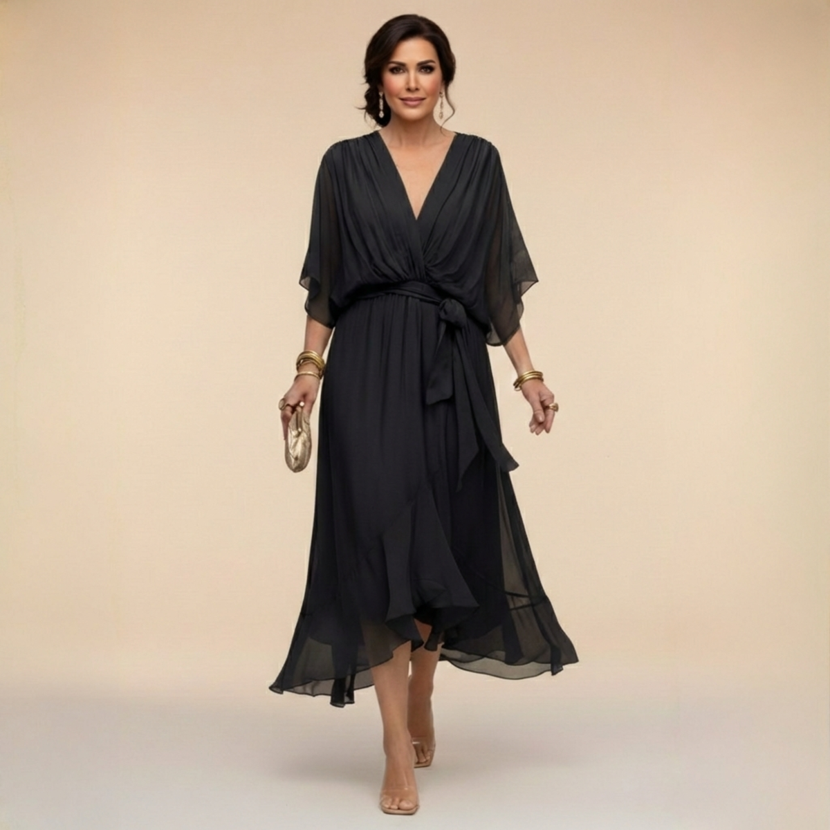 Monica | Vestido Elegante de Cuello en V - Negro