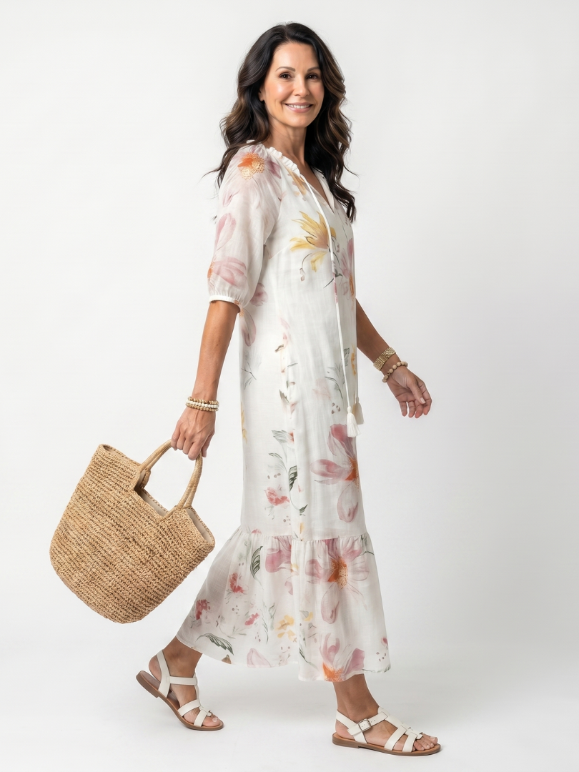 Vestido Violeta Cortés con Falda Escalonada Floral