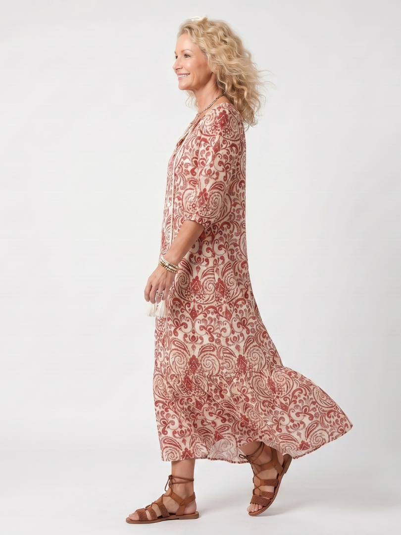 Vestido Violeta Cortés con Estampado Ornamental