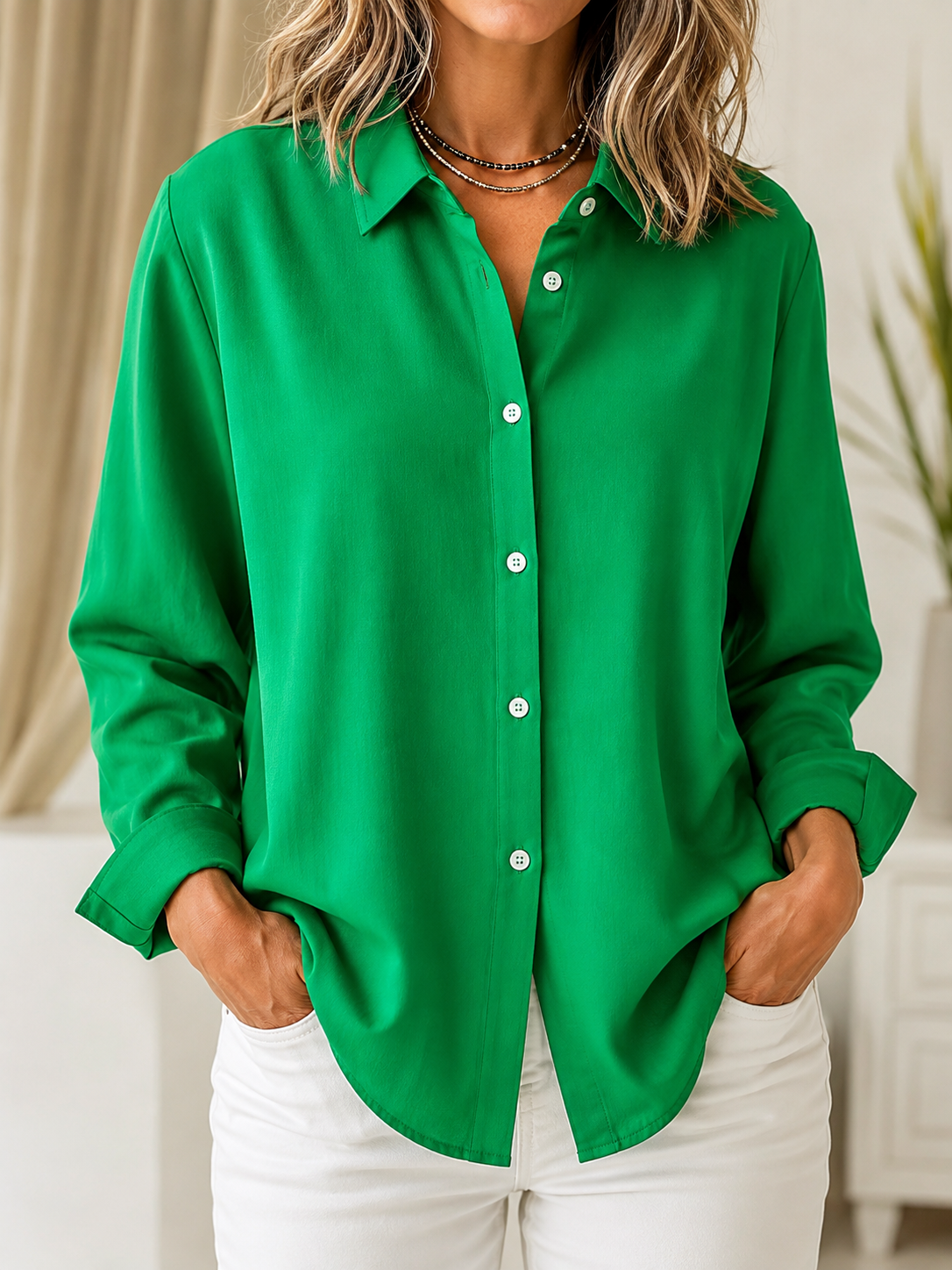 Blusa Violeta Cortés Lisa con Botonadura Clásica Verde