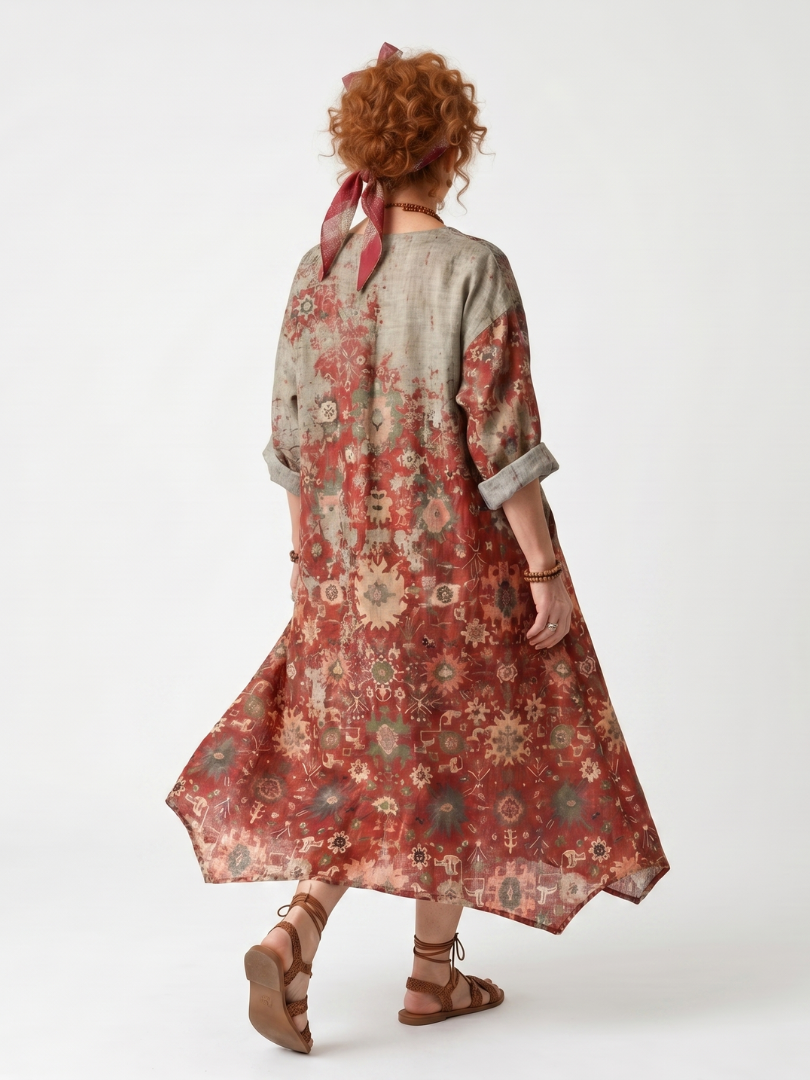 Vestido Violeta Cortés con Estampado Mixto y Bolsillos