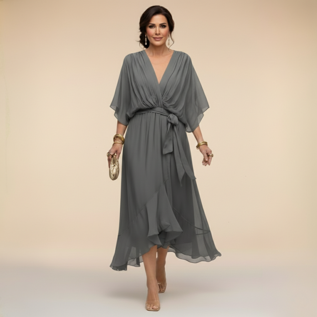 Monica | Vestido Elegante de Cuello en V - Gris