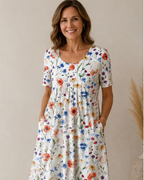 Rosie | Vestido Midi Floral con Bolsillos - Floral Rojo