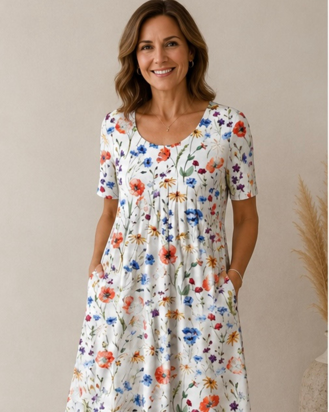 Rosie | Vestido Midi Floral con Bolsillos - Floral Rojo