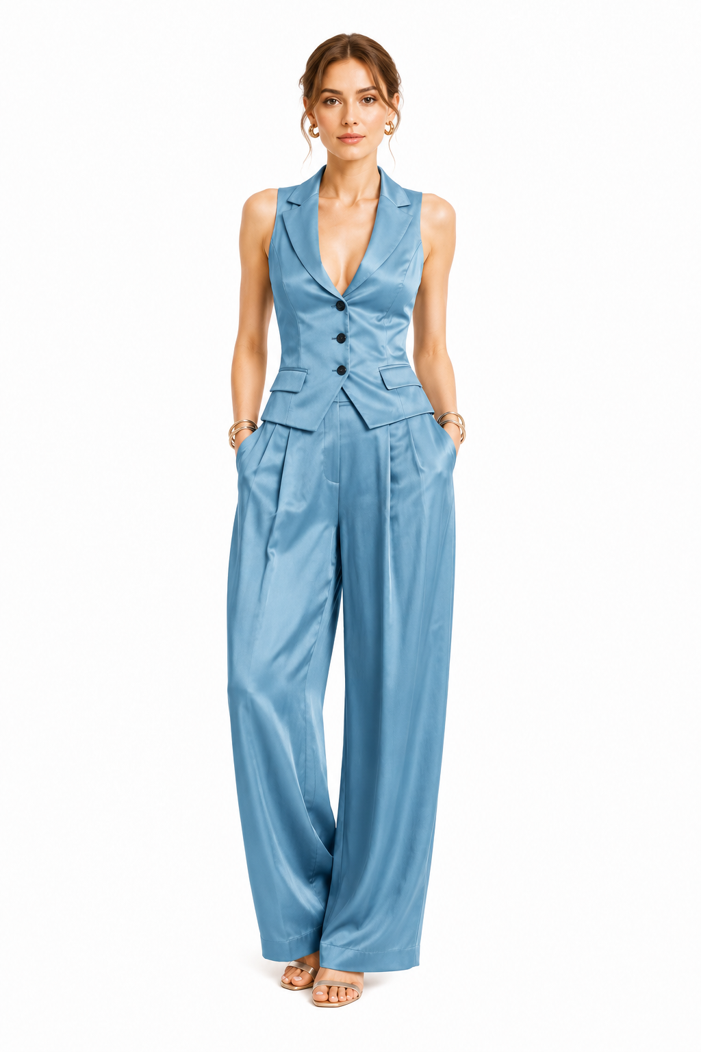 CONJUNTO DE DOS PIEZAS PARA MUJER CON CUELLO EN V Y BOTONES