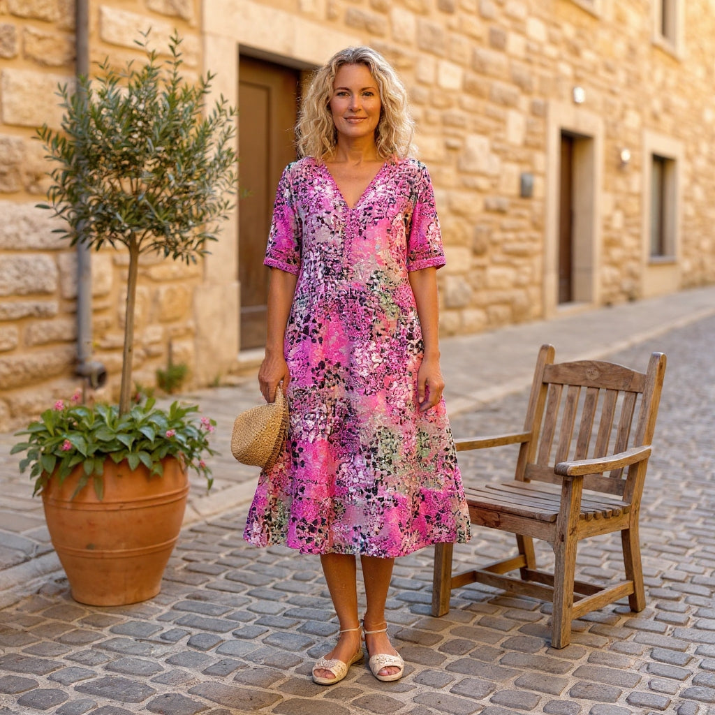 Maristella | Vestido Midi Estampado Sin Esfuerzo - Rosa Empolvado