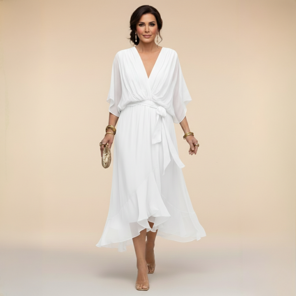 Monica | Vestido Elegante de Cuello en V - Blanco
