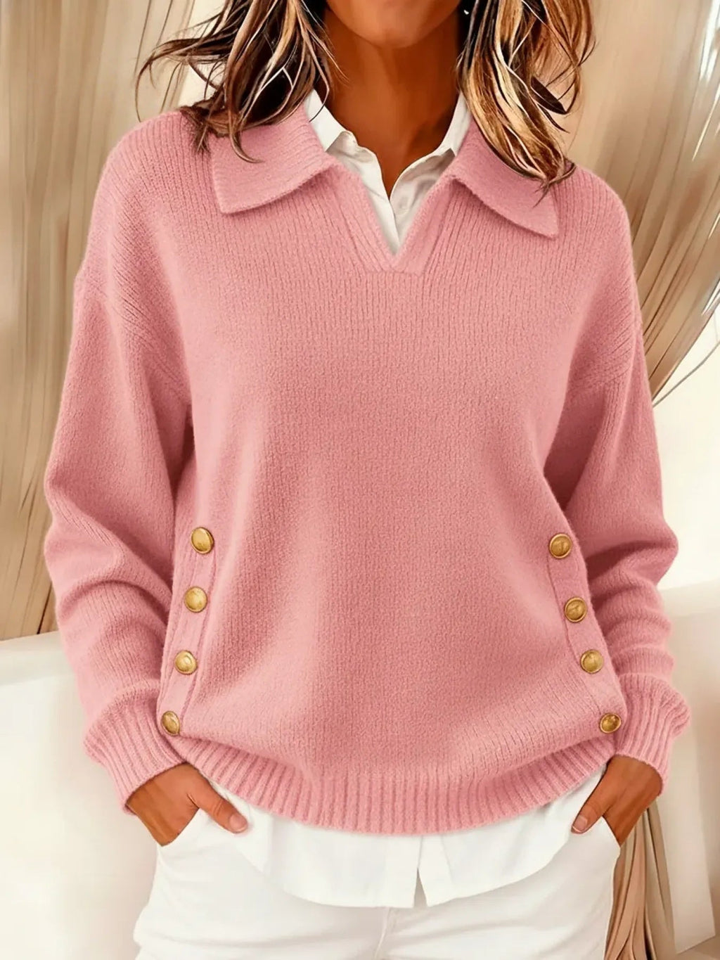 Vynette | Jersey de Cuello en V con Solapa - Rosa