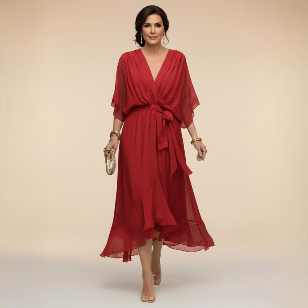 Monica | Vestido Elegante de Cuello en V - Rojo