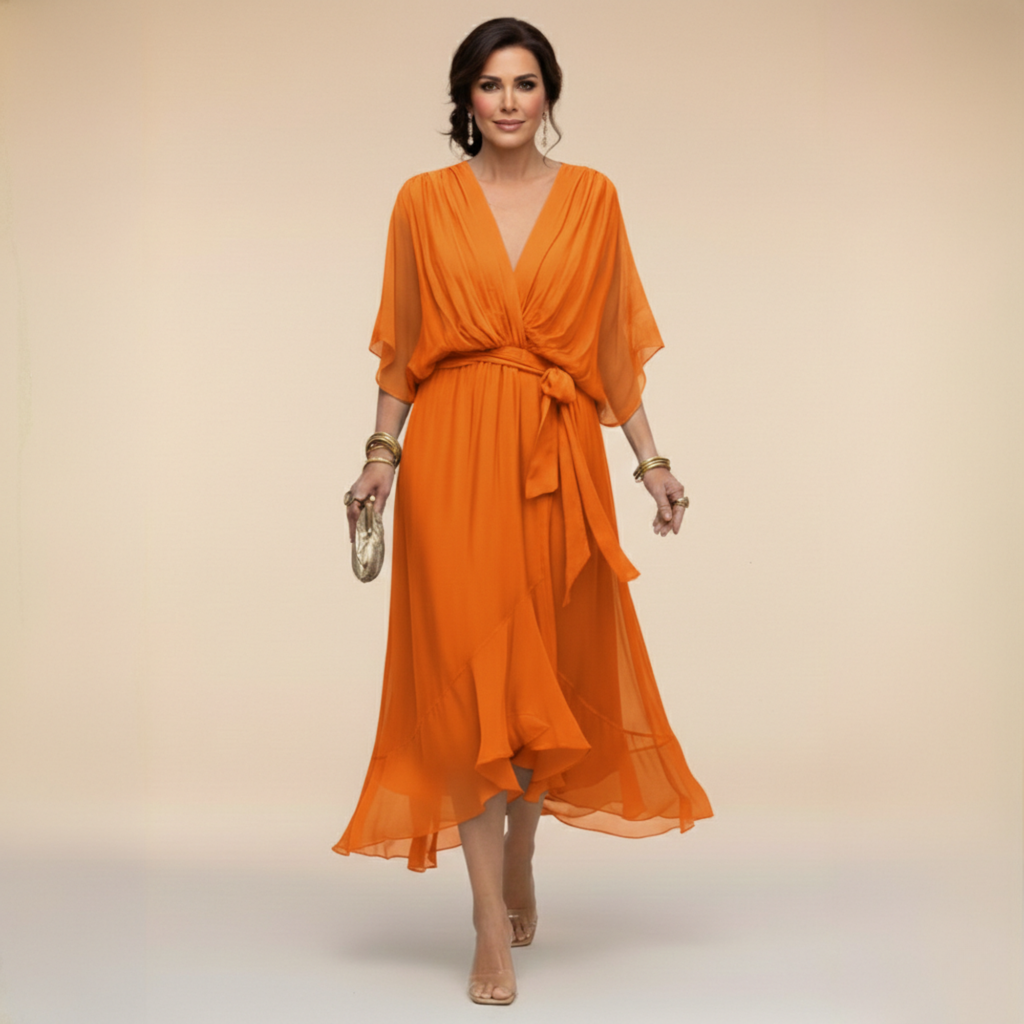 Monica | Vestido Elegante de Cuello en V - Naranja