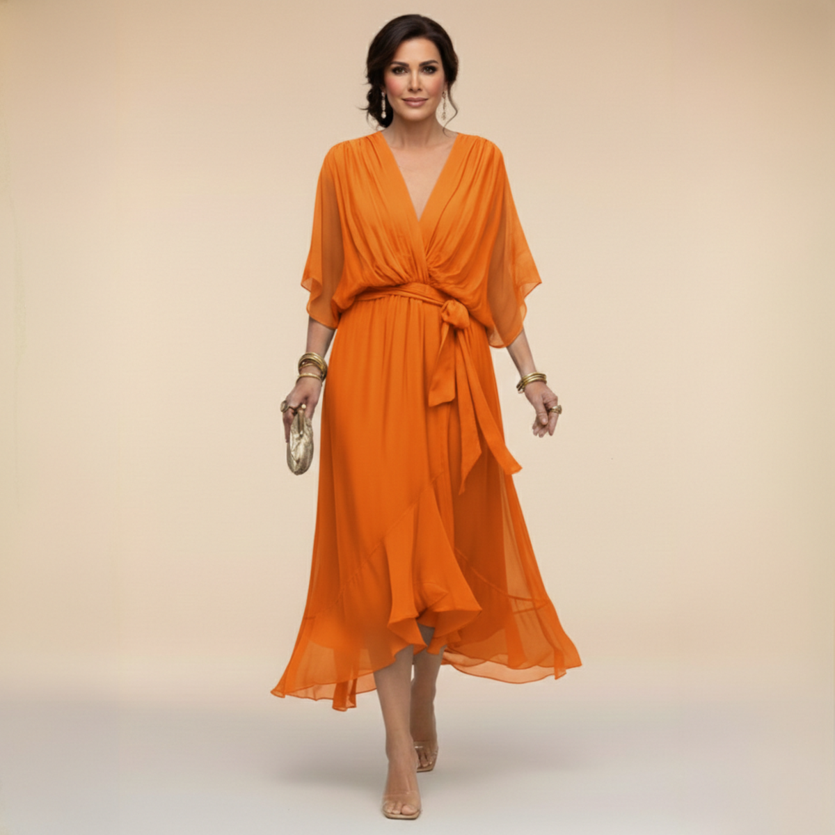 Monica | Vestido Elegante de Cuello en V - Naranja