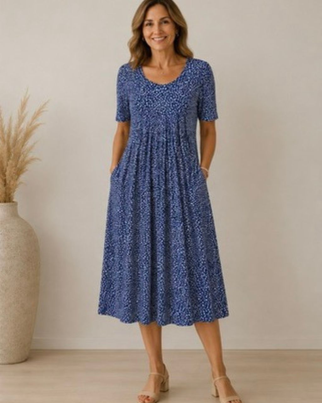 Rosie | Vestido Midi Floral con Bolsillos - Lunares Azules