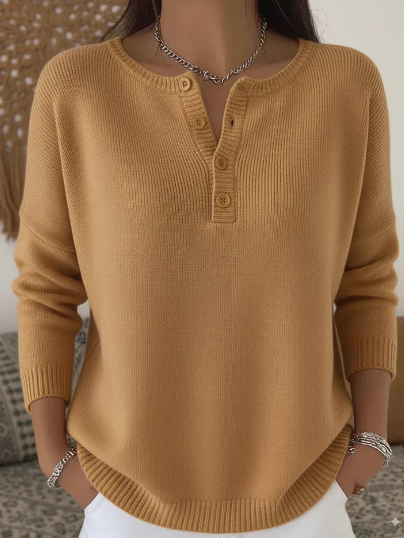 Helena | Jersey Henley de Punto con Botones - Camel