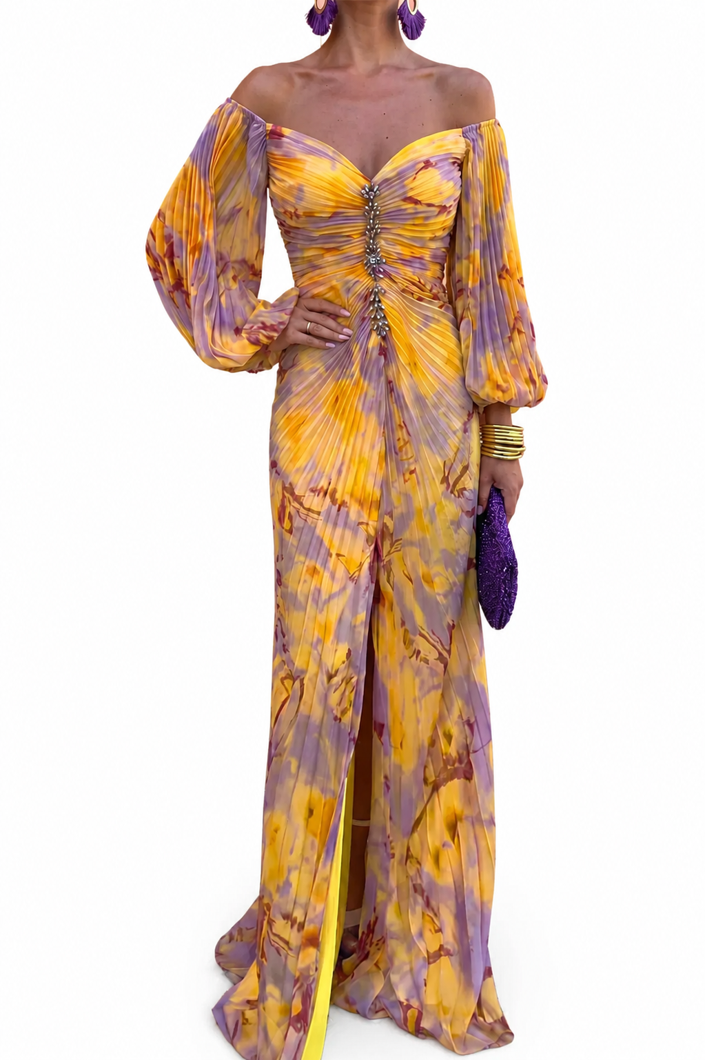 Vestido Violeta Cortés con Estampado Floral y Escote Profundo