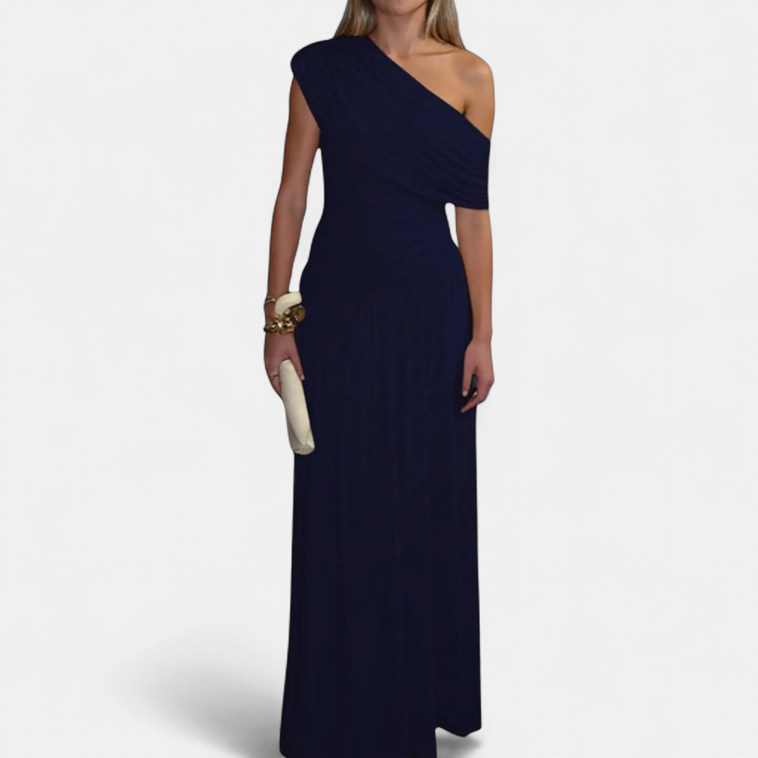 ROXANNE - Vestido Plisado Asimétrico - Azul Marino