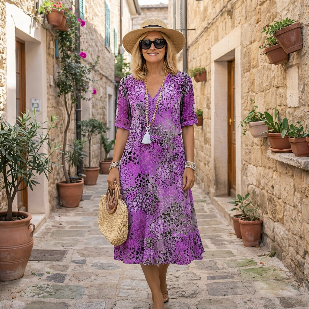 Maristella | Vestido Midi Estampado Sin Esfuerzo - Morado Lavanda
