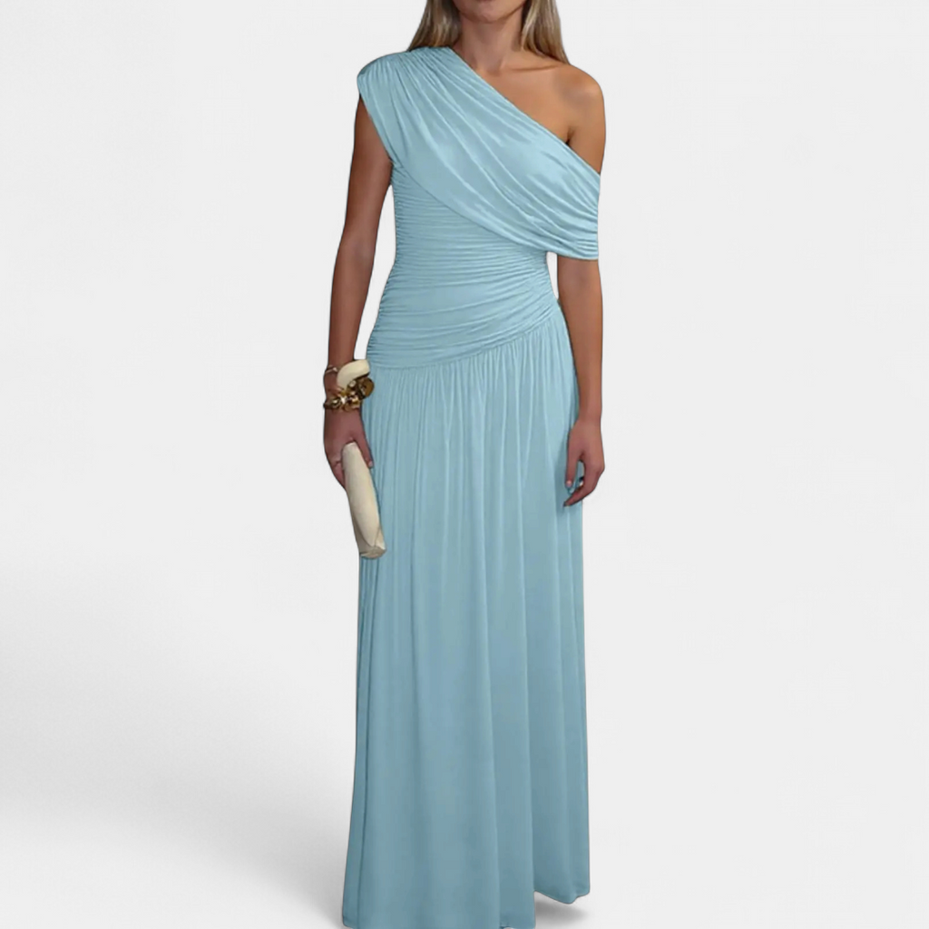 ROXANNE - Vestido Plisado Asimétrico - Azul Cielo