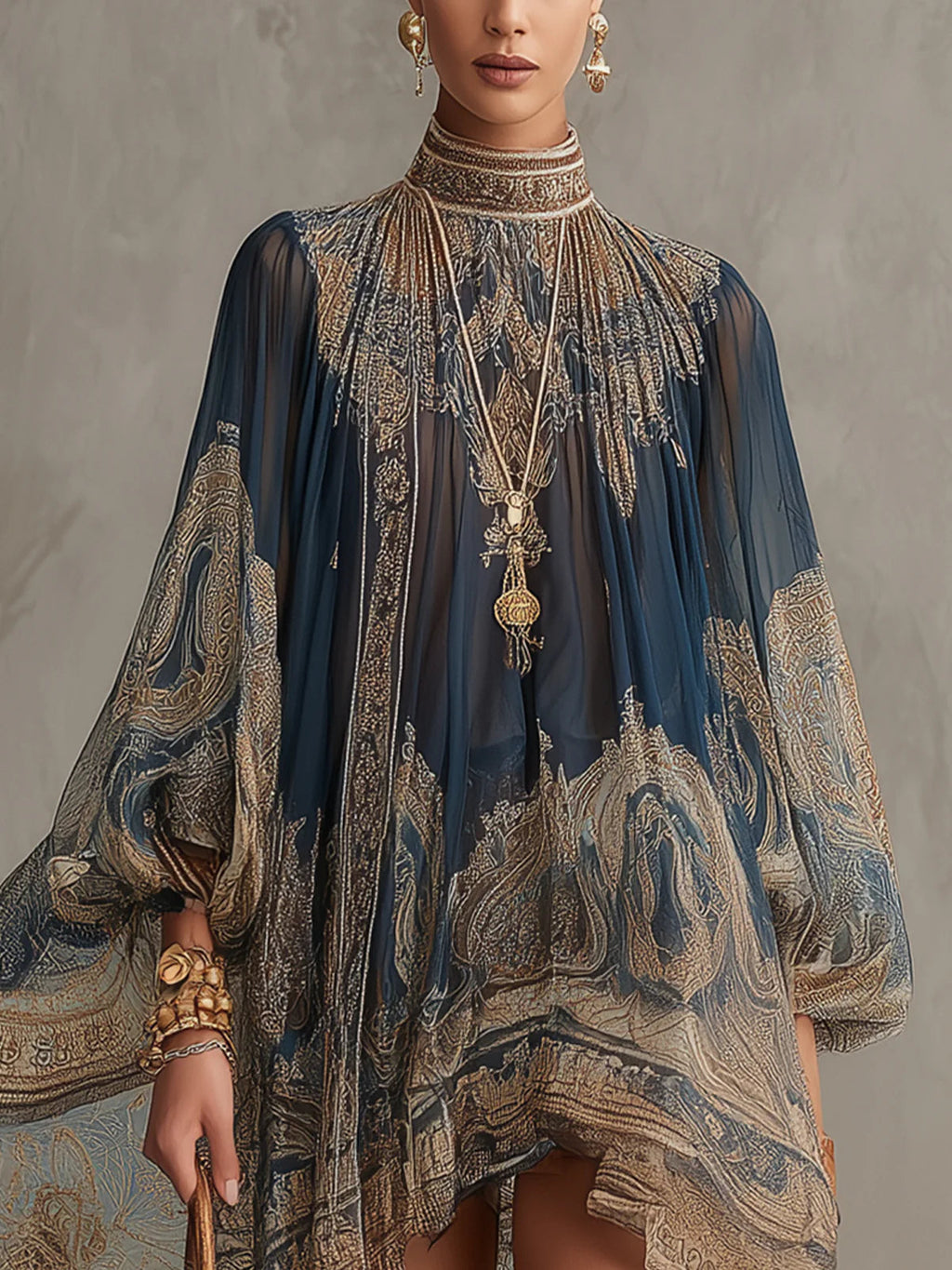 Vestido Violeta Cortés con Estampado Barroco y Cuello Alto