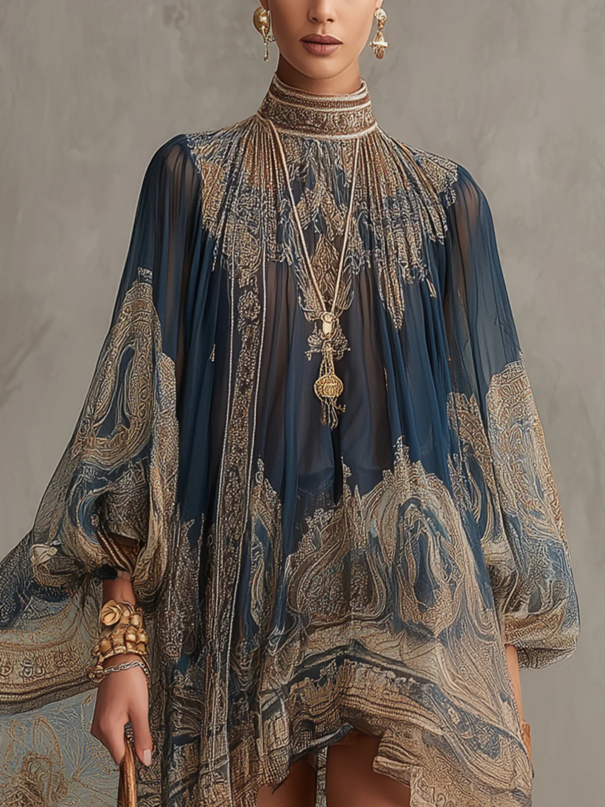Vestido Violeta Cortés con Estampado Barroco y Cuello Alto