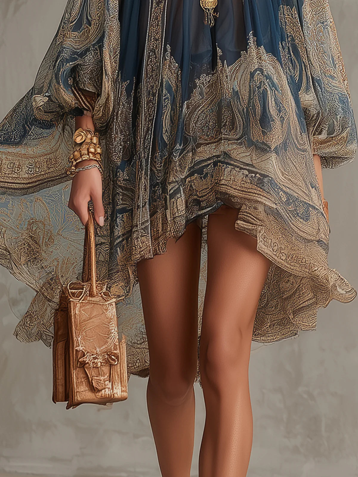 Vestido Violeta Cortés con Estampado Barroco y Cuello Alto