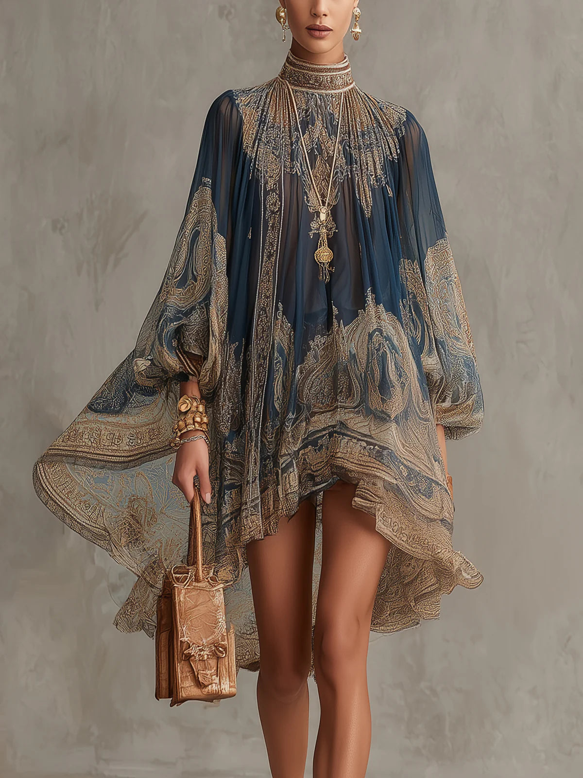 Vestido Violeta Cortés con Estampado Barroco y Cuello Alto