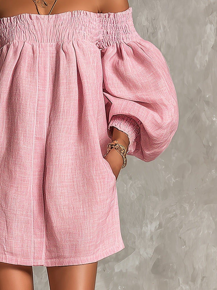 Vestido Violeta Cortés con Mangas Farol y Hombros Descubiertos
