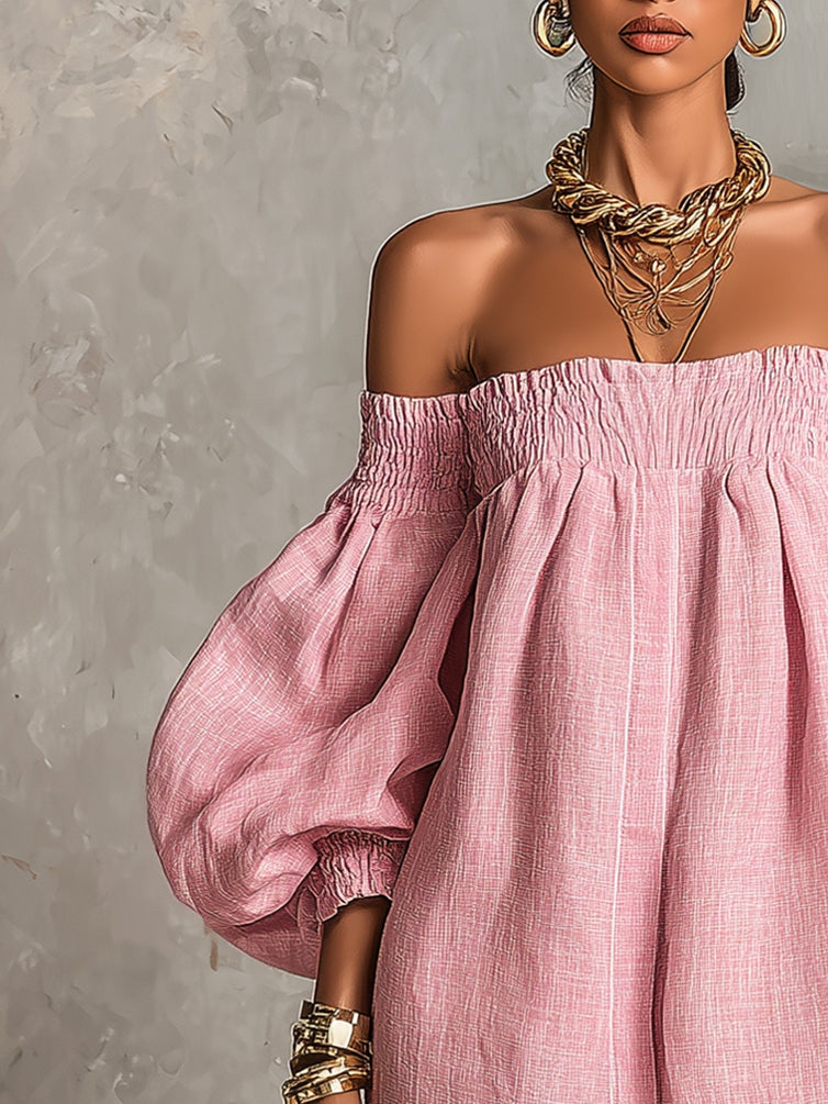 Vestido Violeta Cortés con Mangas Farol y Hombros Descubiertos