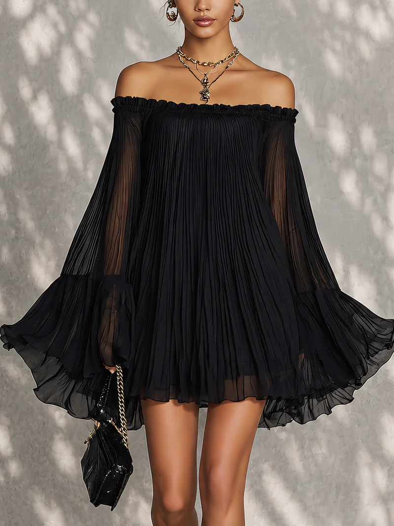 Vestido Violeta Cortés con Mangas Acampanadas y Hombros Descubiertos